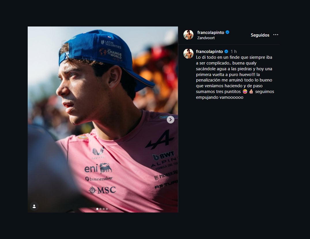 El posteo de Franco Colapinto (IG @francolapinto)