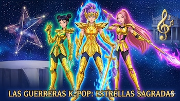 Tres mujeres en armaduras doradas, una con garras, otra con espada, una con lanza, contra cielo estrellado, constelaciones, templo griego y una clave de sol