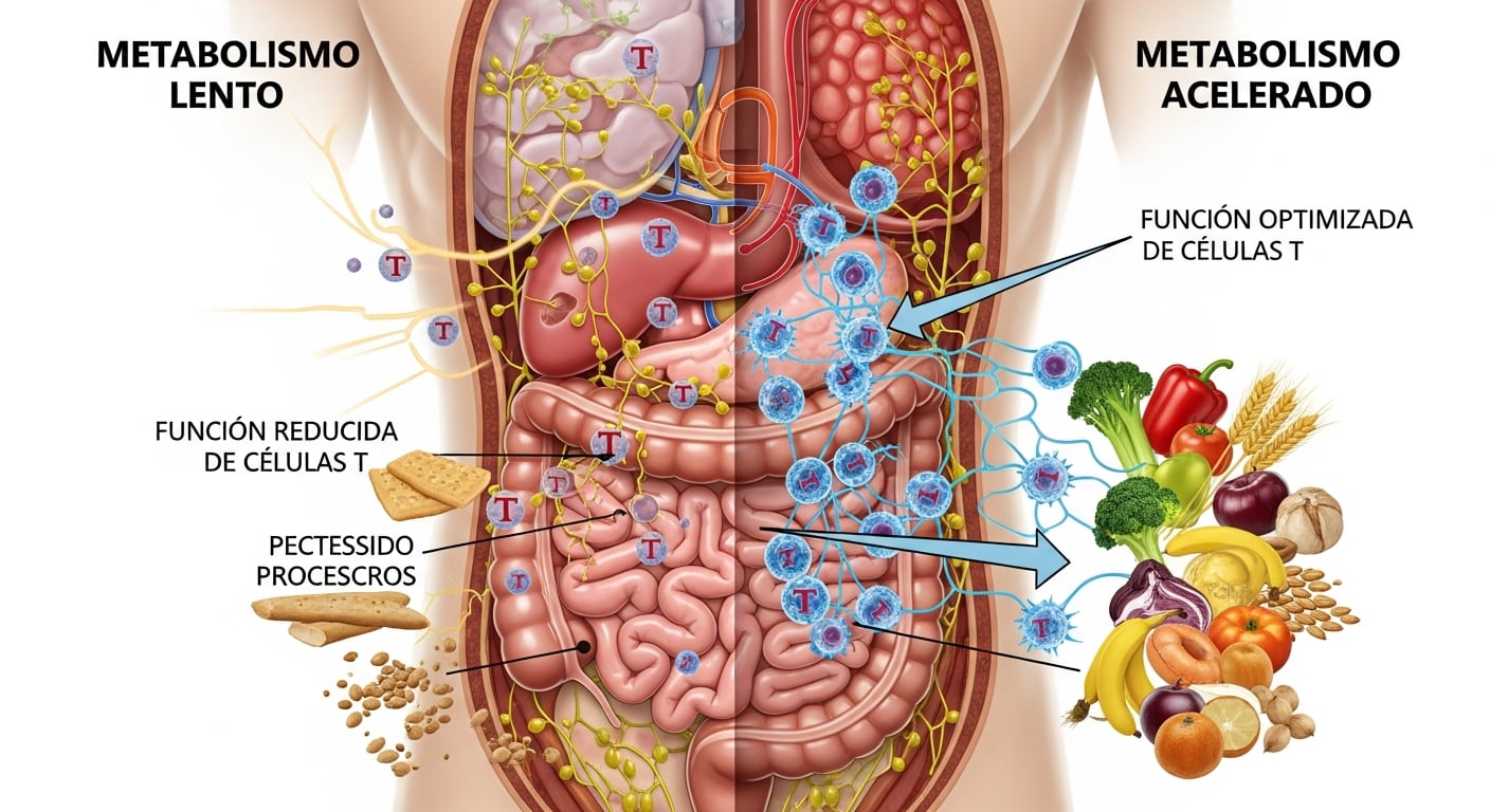 Esta ilustración médica muestra cómo una alimentación adecuada acelera el metabolismo y optimiza la función de las células T, fortaleciendo el sistema inmunológico. (Imagen Ilustrativa Infobae)
