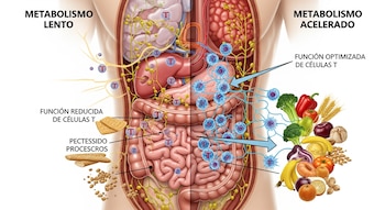 Diagrama comparativo del torso humano. Muestra metabolismo lento (alimentos procesados, células T reducidas) vs. acelerado (alimentos frescos, células T optimizadas).