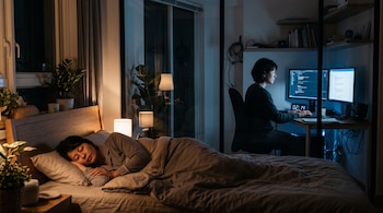 Una mujer duerme en una cama y al lado, tras un cristal, la misma mujer trabaja frente a monitores iluminados en un escritorio.