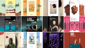 Una cuadrícula que exhibe doce portadas de libros con diversos estilos visuales y esquemas de color, representando los lanzamientos literarios