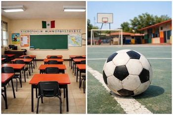 Imagen dividida: a la izquierda, un salón de clases de primaria vacío con escritorios naranjas y bandera mexicana; a la derecha, un balón de fútbol en una cancha.