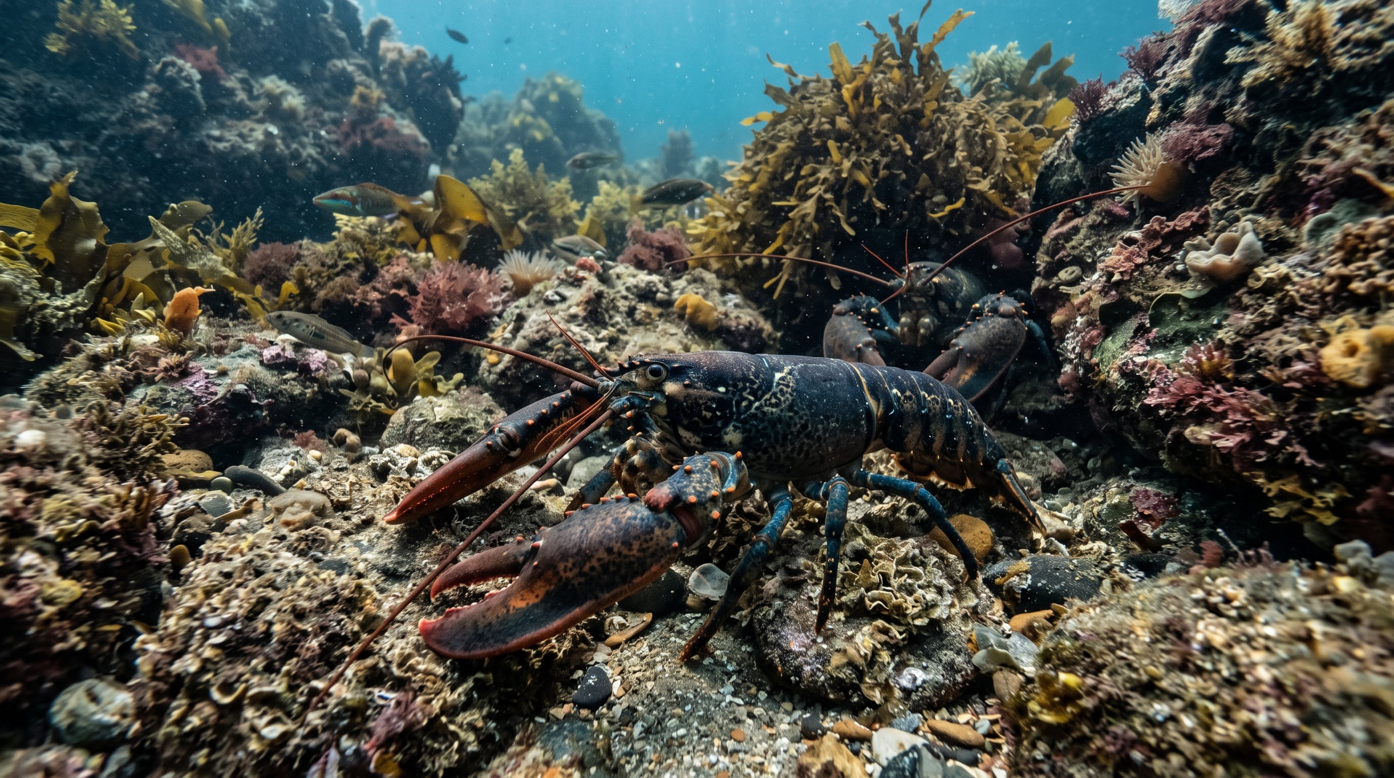 Dos bogavantes se desplazan sobre el lecho rocoso rodeados de algas marinas y peces pequeños. (Imagen Ilustrativa Infobae)