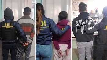 Tres fotografías que muestran a agentes policiales con tres personas esposadas de espaldas