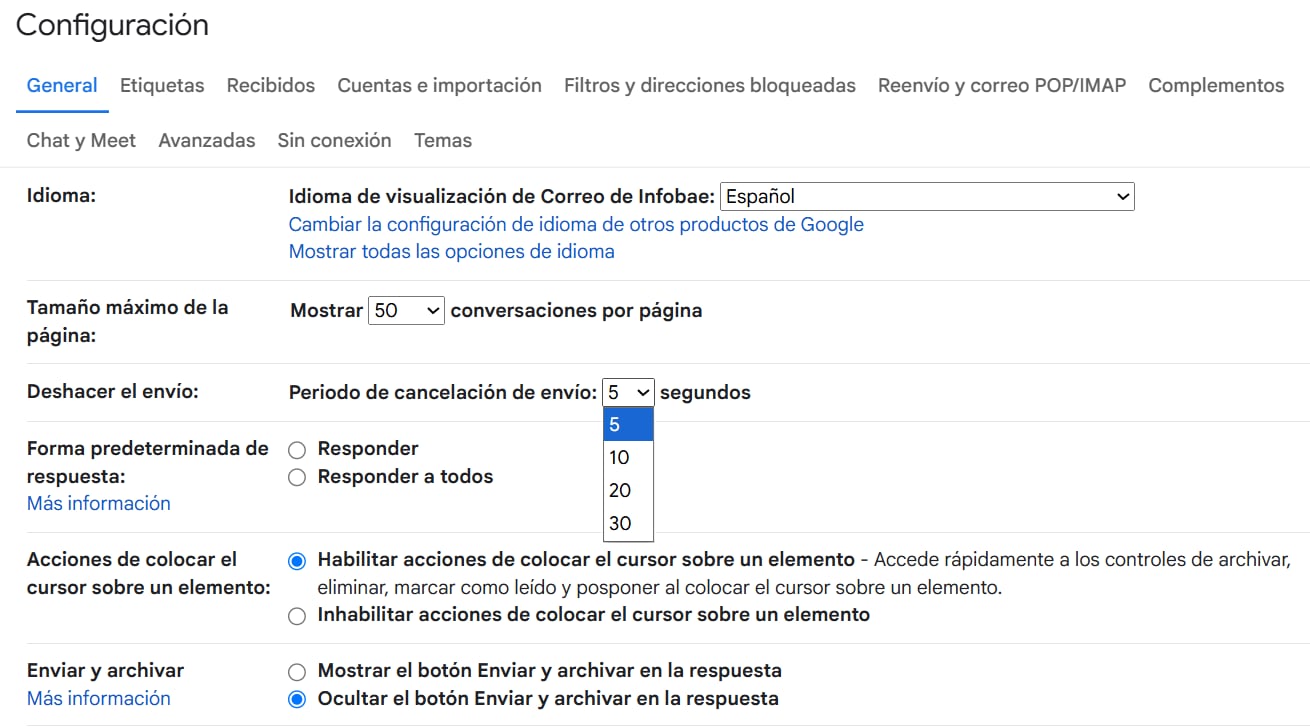 Gmail permite elegir una ventana de cancelación de 5, 10, 20 o 30 segundos. (Google)