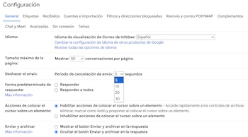 Captura de pantalla de la sección de configuración de un correo con opciones de idioma y un menú desplegable de tiempo para deshacer envío