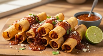 Flautas de pollo fritas cubiertas con salsa tatemada, queso desmoronado, hojas de cilantro, medio limón y un cuenco de salsa en una tabla de madera.