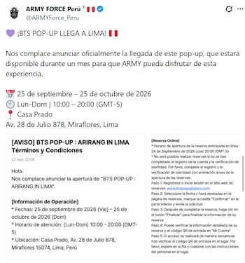 Captura de pantalla de una publicación en X con las fechas, la ubicación y las instrucciones de reserva para la tienda temporal de BTS en Lima