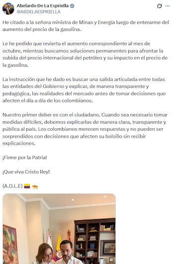 El jefe de Estado señaló que el Gobierno nacional está en la obligación de encontrar alternativas que no afecten las finanzas de los colombianos - crédito @ABDELAESPRIELLA/X