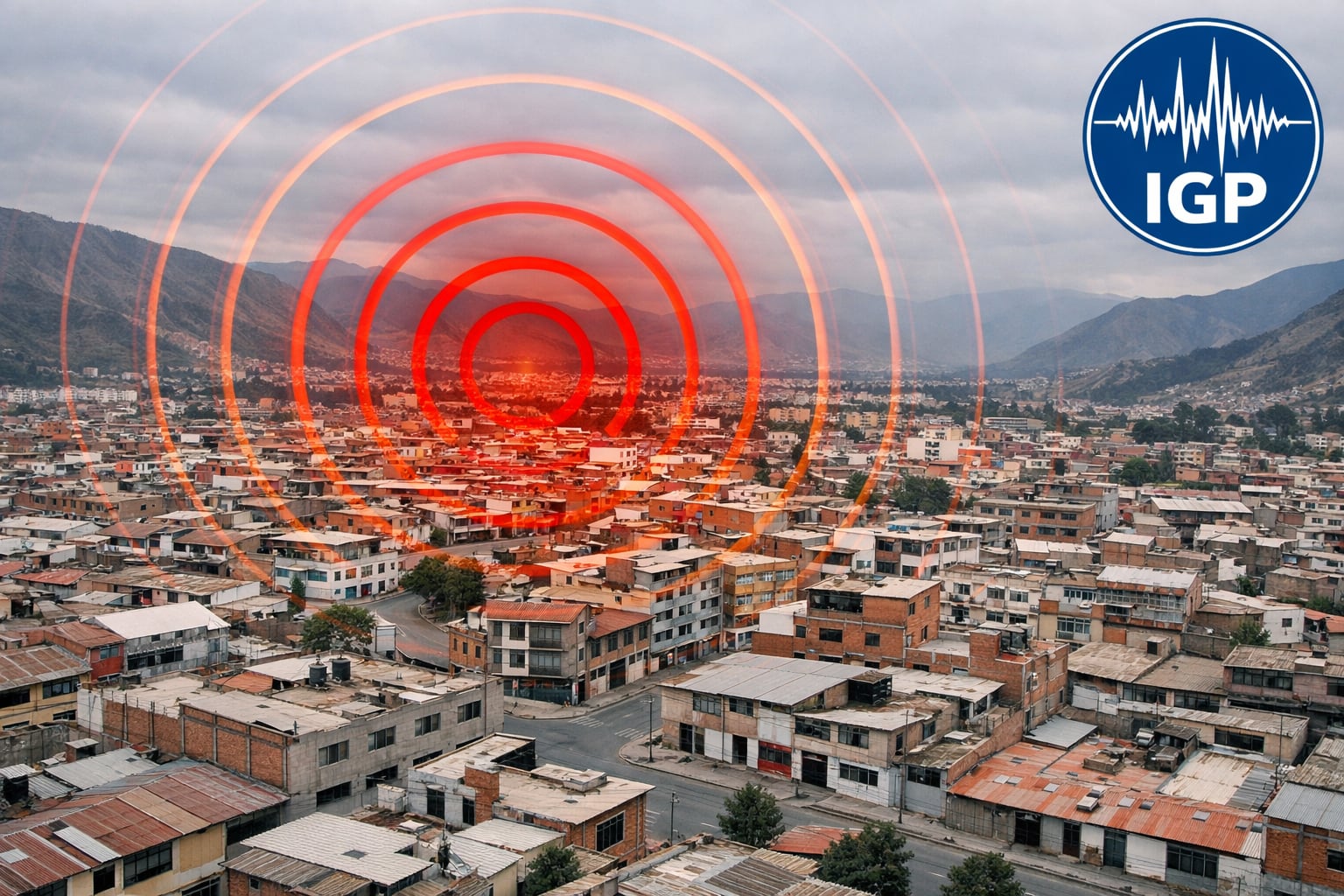 Una zona urbana de Perú enfrenta la posibilidad de un movimiento telúrico, con ondas sísmicas rojas superpuestas que ilustran el riesgo, junto al logo del Instituto Geofísico del Perú. (Imagen Ilustrativa Infobae)