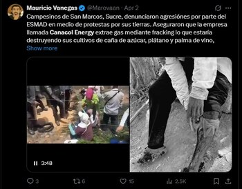 Canacol Energy acusa extorsión, señala graves afectaciones económicas y cuestiona la legitimidad de las acciones lideradas por Darinel Arrieta Madarriaga en San Marcos - crédito captura de pantalla X