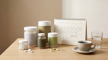 Frascos de suplementos, píldoras, café descafeinado, vaso de agua y un calendario con 'PAUSA' en una mesa de madera clara con fondo beige.