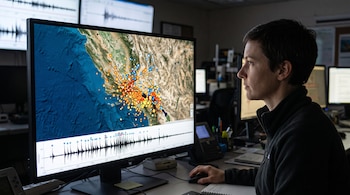 Una mujer observa la pantalla de un ordenador que exhibe un mapa con puntos de colores y un sismograma en la parte inferior.