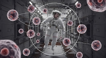 Un astronauta con traje blanco flota en el interior de una estación espacial, rodeado de células esféricas translúcidas con centros rojizos.