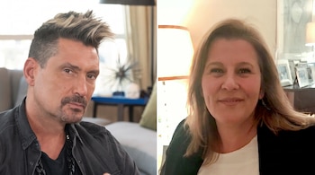Díptico con la foto de un hombre con el cabello peinado hacia arriba a la izquierda y una mujer de cabello claro a la derecha.