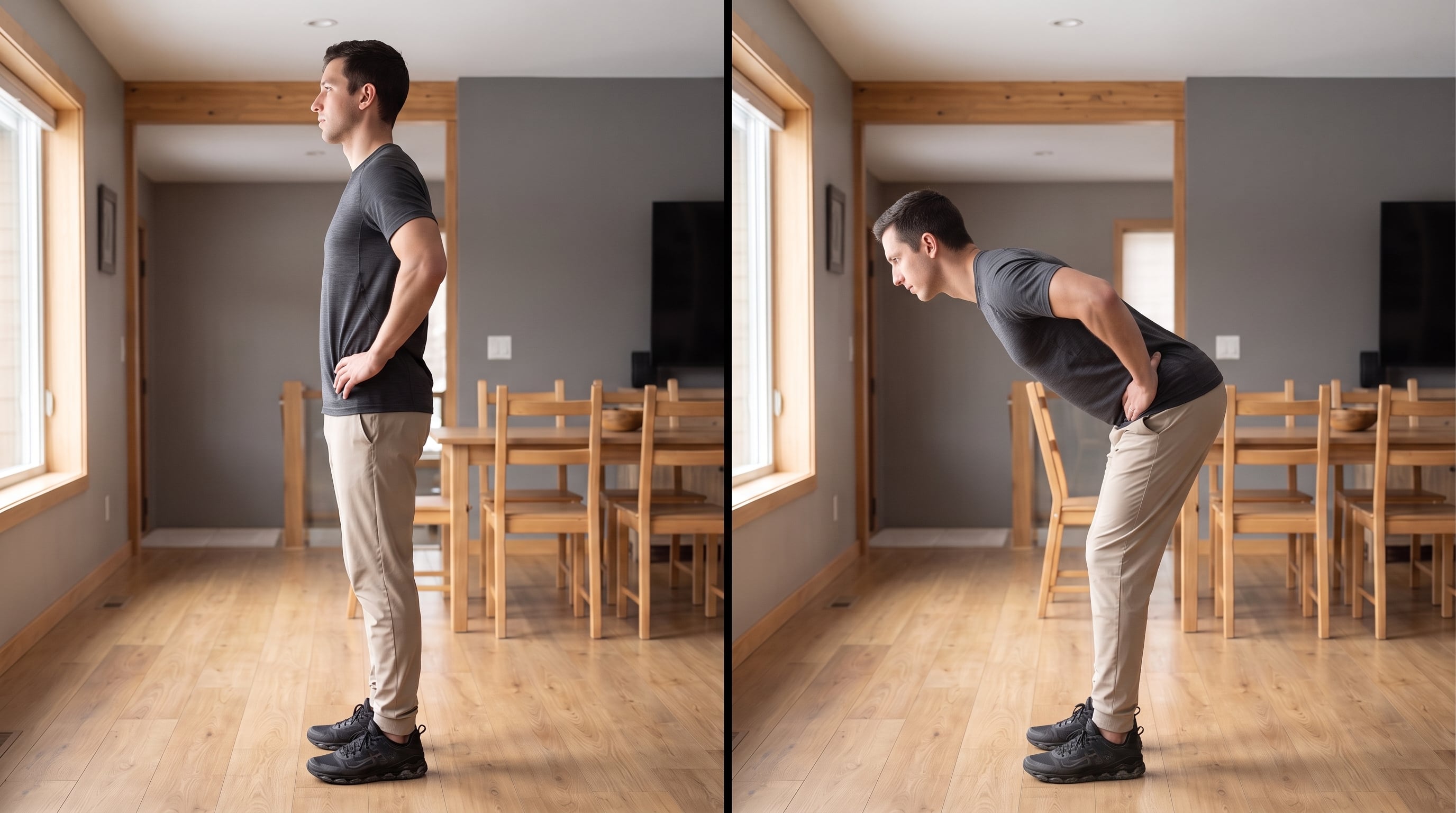 Estiramiento de isquiotibiales con bisagra de cadera resulta un movimiento simple para liberar la tensión lumbar acumulada tras horas frente al escritorio (Imagen Ilustrativa Infobae)