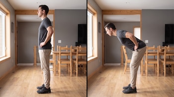 Dos fotografías comparativas de un hombre con camiseta gris y pantalón claro, erguido a la izquierda e inclinado hacia adelante a la derecha.