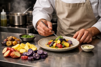 Manos de un chef emplatando un plato de papas nativas de colores con pinzas en una cocina profesional. Hay papas cortadas de distintos tipos sobre la mesa.