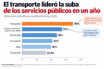 Gráfico de barras horizontales con porcentajes de variación interanual en servicios públicos, liderado por el transporte con un 70 por ciento