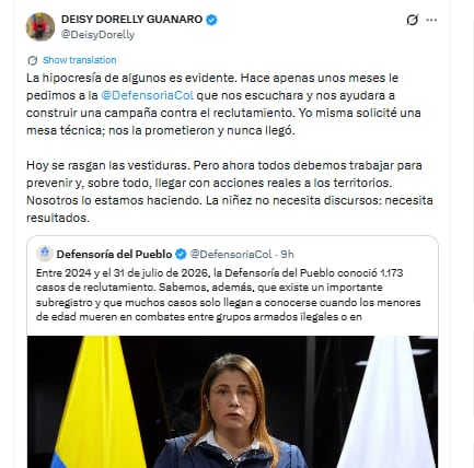 Deisy Dorelli Guanaro, sobreviviente de reclutamiento forzado, reclamó que una mesa técnica solicitada a la Defensoría no se concretó - crédito @DeisyDorelly/X