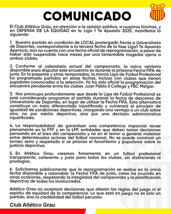 Comunicado de Atlético Grau exigiendo