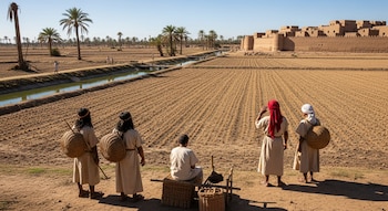Cinco personas en vestimentas antiguas observan campos secos y un canal de riego. Se ven palmeras y una ciudad amurallada de adobe al fondo.