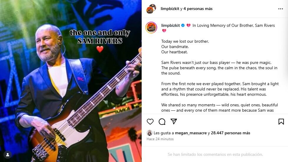 La banda anunció el fallecimiento de su bajista Sam Rivers a través de sus cuentas oficiales - crédito @limpbizkit/Instagram