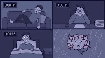 Cuatro viñetas muestran un hombre en un sofá a las 8:00 PM, en un escritorio a las 3:00 AM, en la cama a las 11:00 AM, y un cerebro con vasos y relojes de fondo.