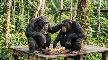 Dos chimpancés sentados en una mesa de madera frente a una bandeja con trozos de piña, rodeados de vegetación abundante.