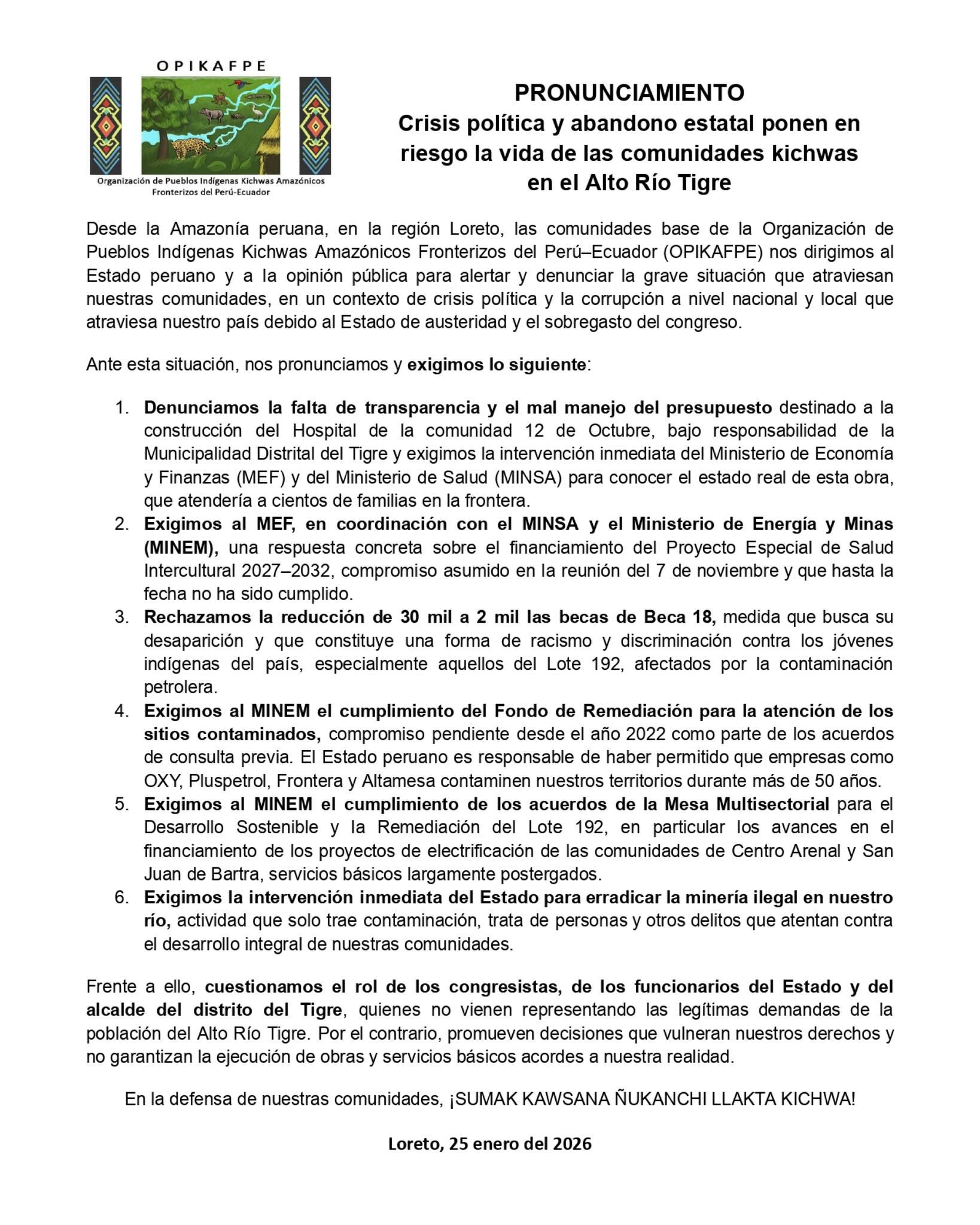 Pronunciamiento de la Organización de Pueblos Indígenas Kichwas Amazónicos Fronterizos del Perú - Ecuador (OPIKAFPE), frente a la crisis política, corrupción y abandono estatal de las comunidades en el Alto Río Tigre. Fuente: Observatorio Petrolero de Amazonía Norte / Facebook