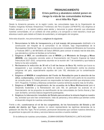 Pronunciamiento de la Organización de