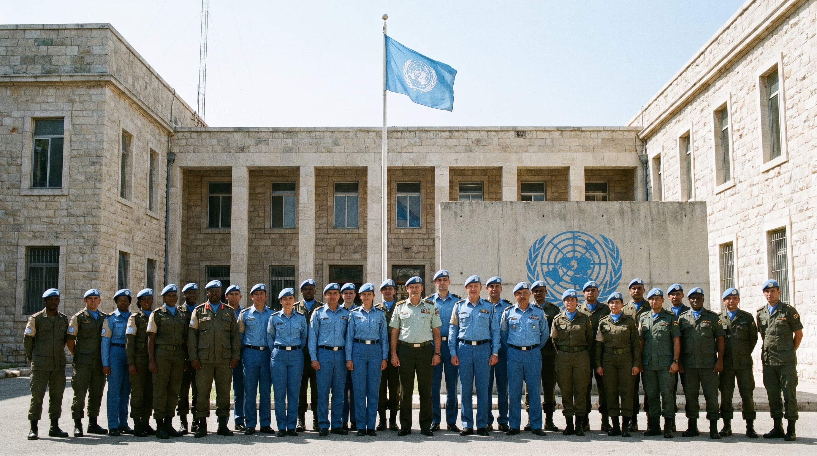 Un grupo diverso de efectivos uniformados de Naciones Unidas posa alineado frente a un edificio institucional con la bandera de la ONU ondeando y su logo visible en la pared, simbolizando la cooperación y autoridad internacional. (Imagen Ilustrativa Infobae)