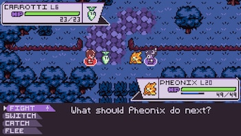 Captura de videojuego en estilo pixel art con personajes, barras de salud, un menú de combate y texto en inglés