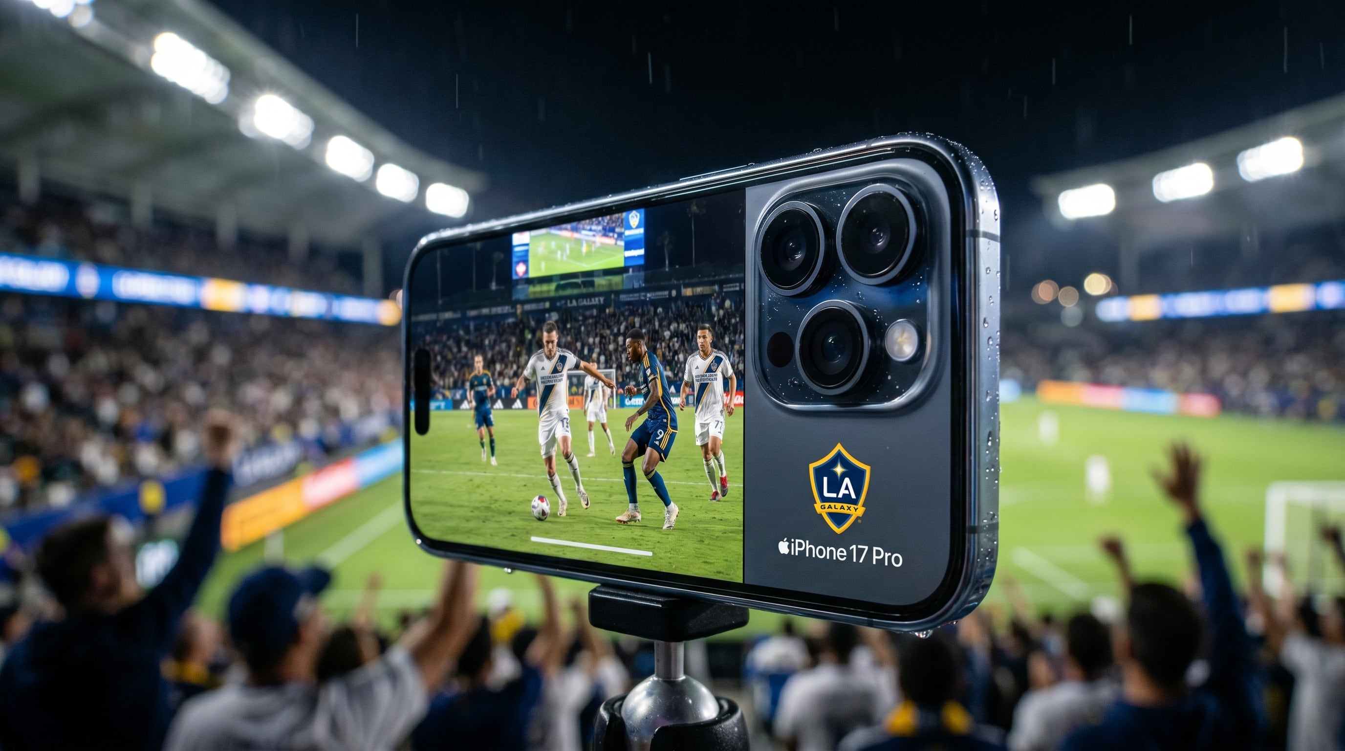 Un iPhone 17 Pro graba en primer plano a jugadores del LA Galaxy durante un partido nocturno, mostrando una estética premium y deportiva con el estadio y el público difuminados al fondo. (Imagen Ilustrativa Infobae)