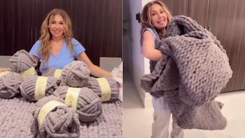Thalía utilizó varias madejas de estambre gris para confeccionar a mano la cobija que envió.