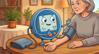Ilustración de una mujer de edad avanzada con cabello gris y un tensiómetro azul caricaturizado tomándole la presión en su brazo izquierdo