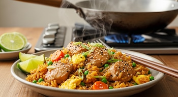 Un plato con arroz, pollo con sésamo, guisantes, zanahoria, huevo, cebolleta, rodajas de lima, palillos. Fondo con wok humeante en cocina.