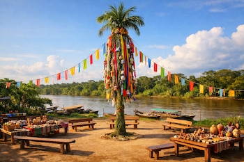 Palmera decorada con cintas y objetos, banderas de colores, mesas con artesanías, bancas de madera, río y canoas, vegetación de selva, cielo azul con nubes.