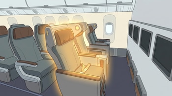 Ilustración de una cabina de avión vacía con asientos grises y reposacabezas marrones. Un asiento junto a la ventanilla está iluminado con un brillo dorado.