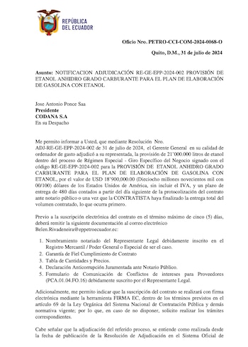 Notificación de adjudicación de contrato