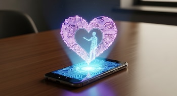 Un smartphone oscuro sobre una mesa de madera. La pantalla emite una luz azul que proyecta un corazón luminoso de circuitos púrpuras con una figura humana azul en el centro.
