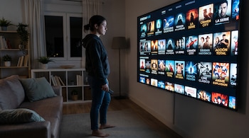 Una mujer de pie sostiene un mando a distancia frente a una pantalla grande con una interfaz de películas y series.