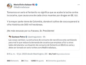 “No más excusas por su fracaso, señor presidente”: la respuesta de María Elvira Salazar a Gustavo Petro sobre lucha contra las drogas
