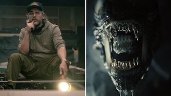 Imagen dividida con un hombre con gafas y gorra sujetando una linterna a la izquierda, y el rostro de un xenomorfo a la derecha