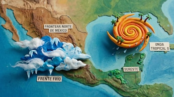 Mapa de plastilina de México que muestra un frente frío azul y blanco en el norte y una espiral naranja que representa la Onda Tropical 8 en el sureste.