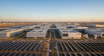 Vista aérea de un amplio complejo de edificios de Google. Filas de paneles solares flanquean las carreteras y numerosas turbinas eólicas se ven en el horizonte.