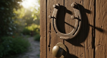 Herradura de metal oxidado colgada en una puerta de madera rústica con pomo de bronce. Se observa un jardín borroso con luz solar al fondo.