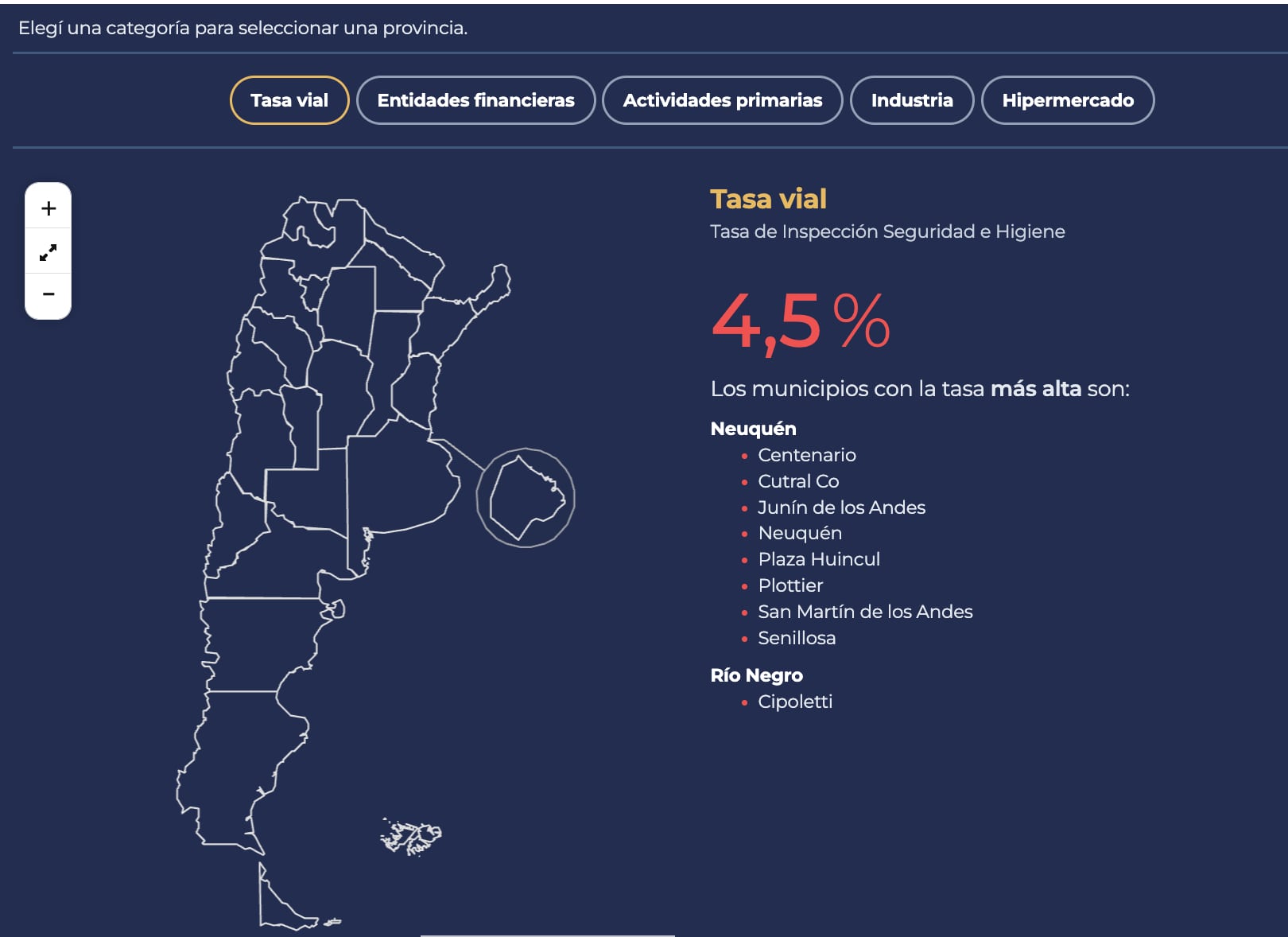 Captura del sitio web con las tasas que cobran los municipios de las distintas provincias