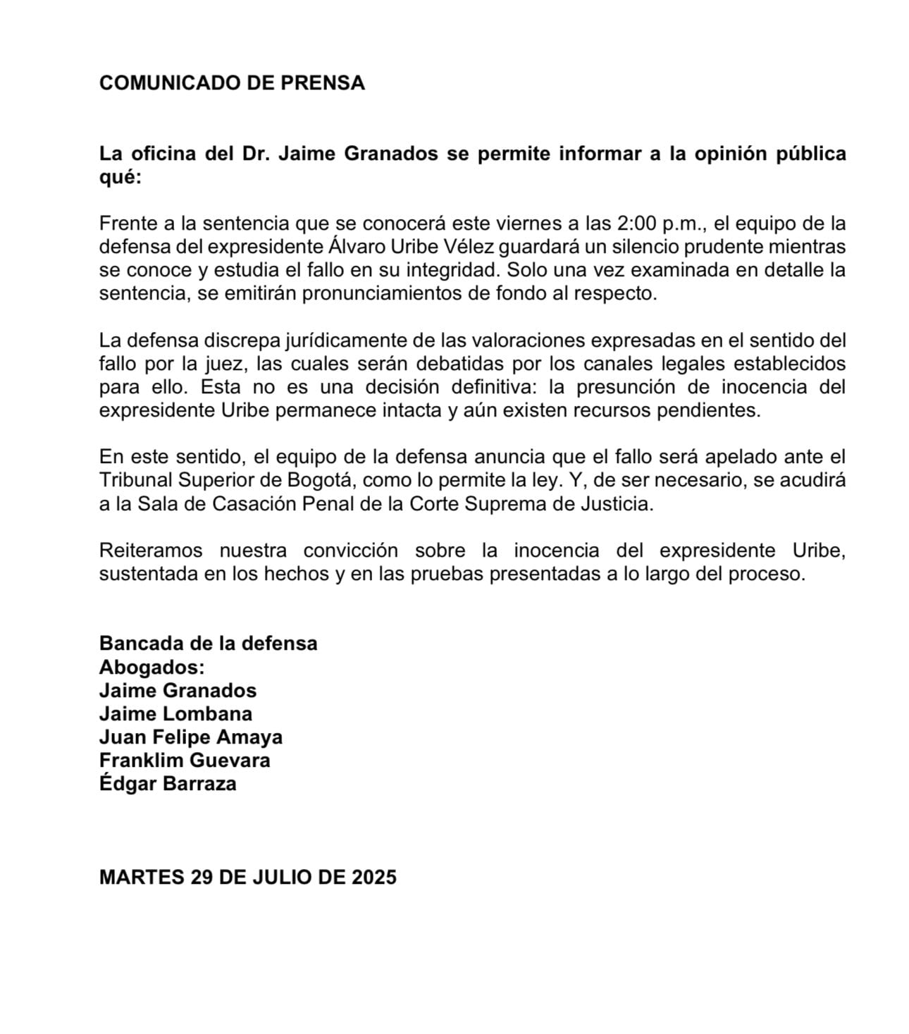 Comunicado de la defensa de Álvaro Uribe Vélez luego de ser condena - crédito @JGranadosPena/X